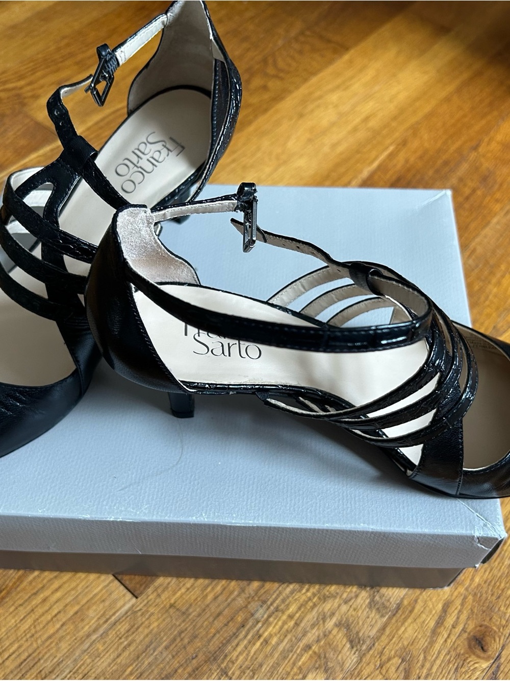 Franco Sarto Black Patent Strappy T-Strap Heels